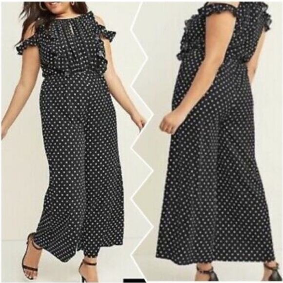 Lane Bryant Plus Size Black Polka Dot Ruffle Jumper Jumpsuit Dress 16 new - Picture 1 of 12